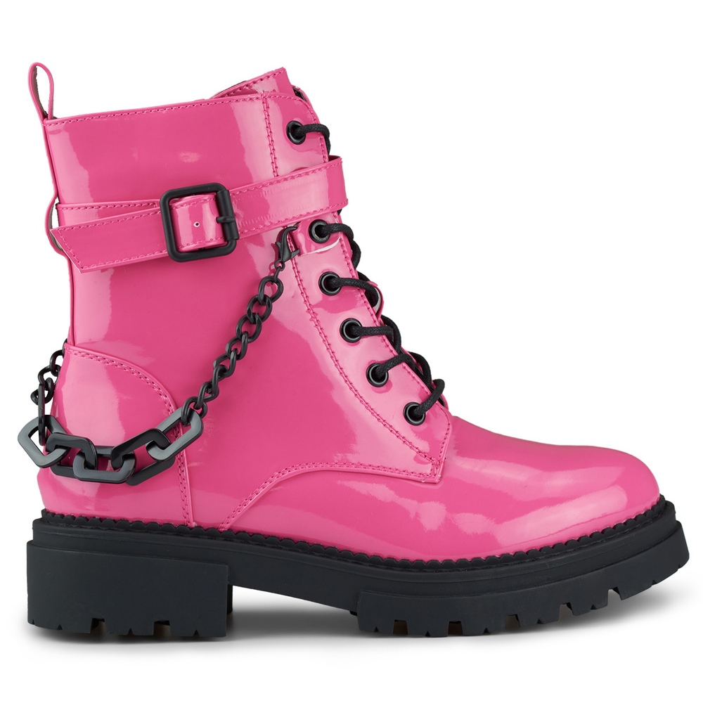 Różowe lakierowane workery damskie z odpinanym łańcuchem