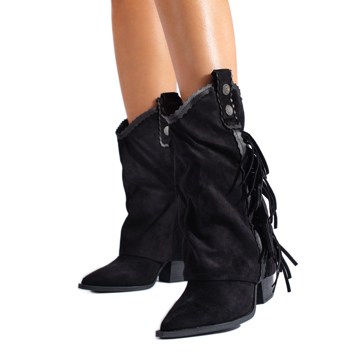 Damskie czarne zamszowe kowbojki z frędzlami Shelovet