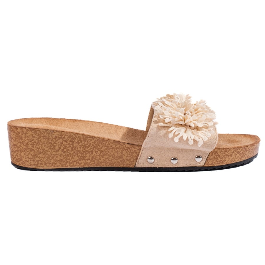 Zamszowe klapki damskie z kwiatkami beżowe beżowy