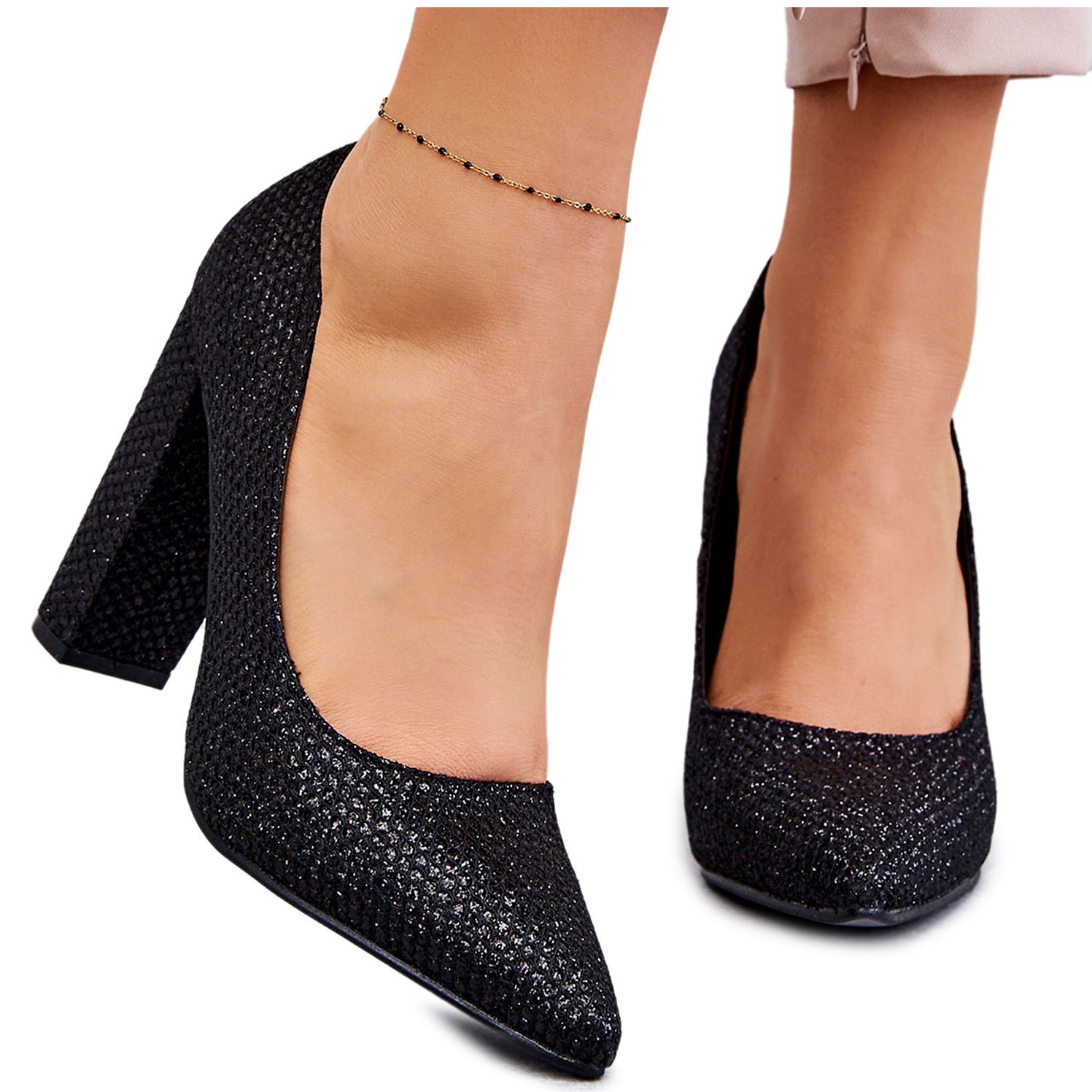 PA1 Błyszczące Czółenka Na Słupku Czarne Elmira