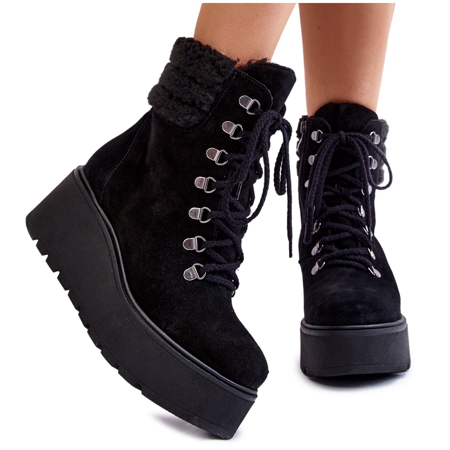 PL5 Damskie Zamszowe Botki Na Koturnie Czarne Meniko