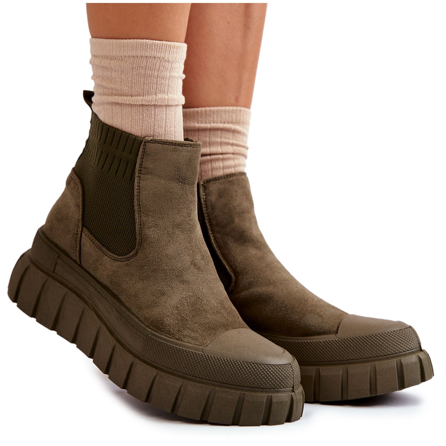 FB2 Modne Wsuwane Botki Na Platformie Zielone Jenna brązowe