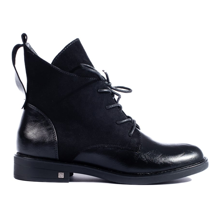 W. Potocki Czarne botki wiązane na płaskim obcasie Potocki