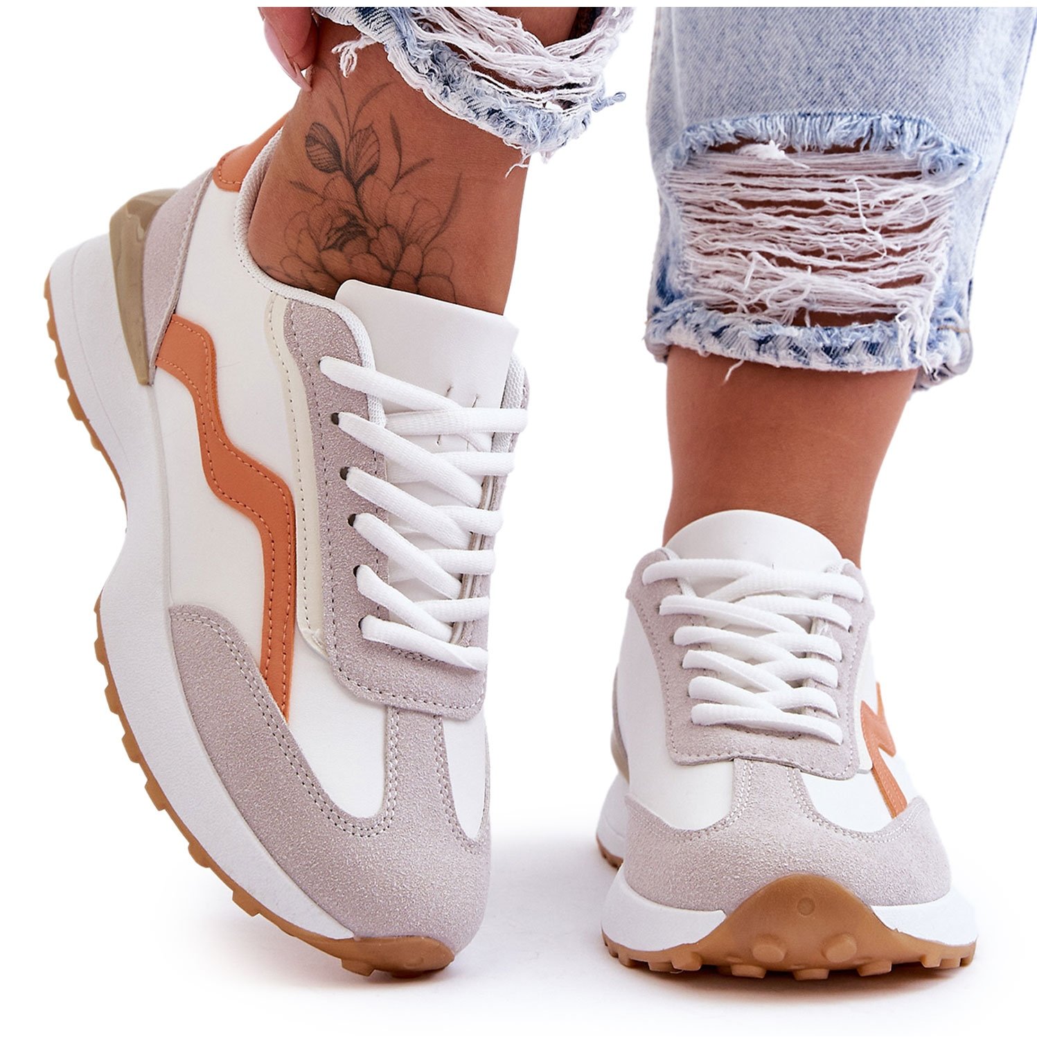 FJ1 Damskie Buty Sportowe Skórzane Biało-Pomarańczowe Somerio białe