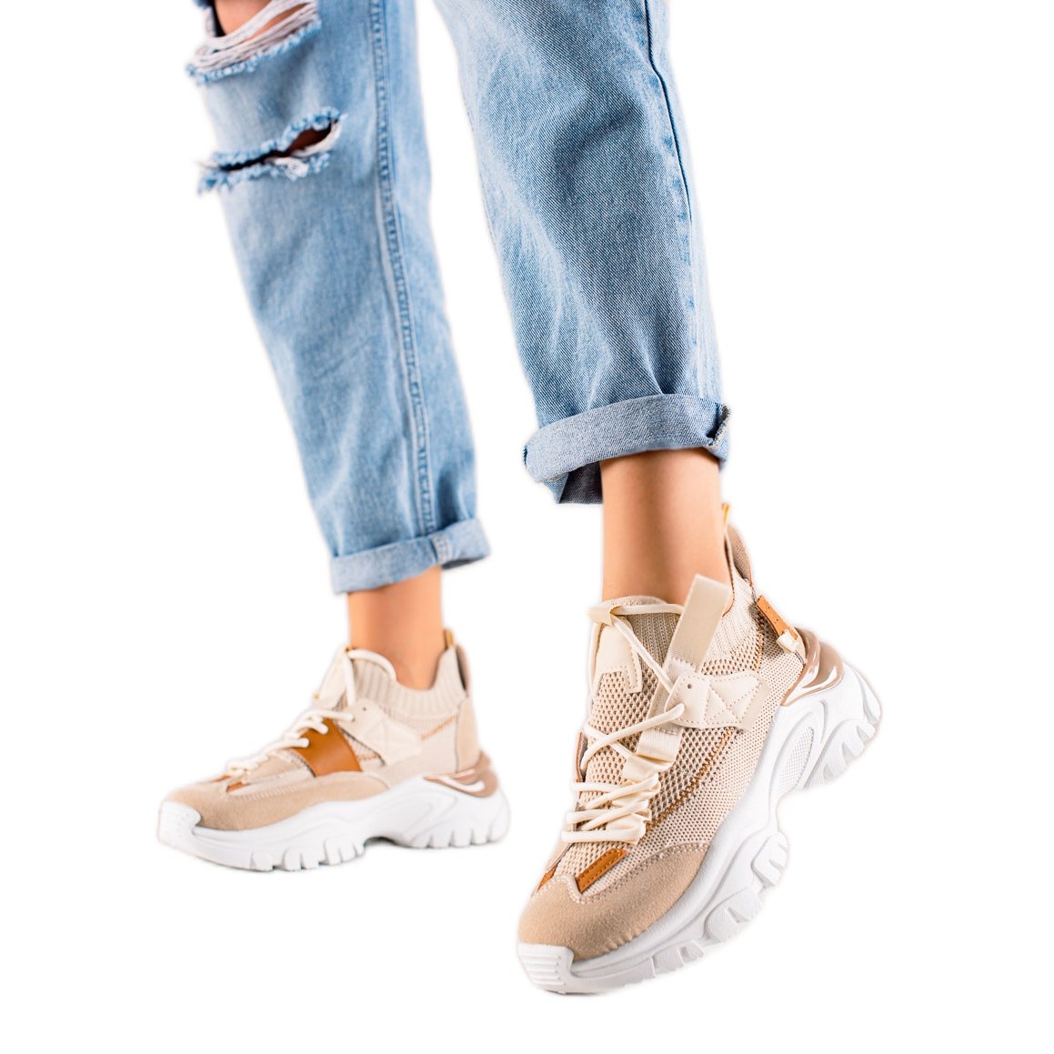 TRENDI Sznurowane Modne Sneakersy beżowy