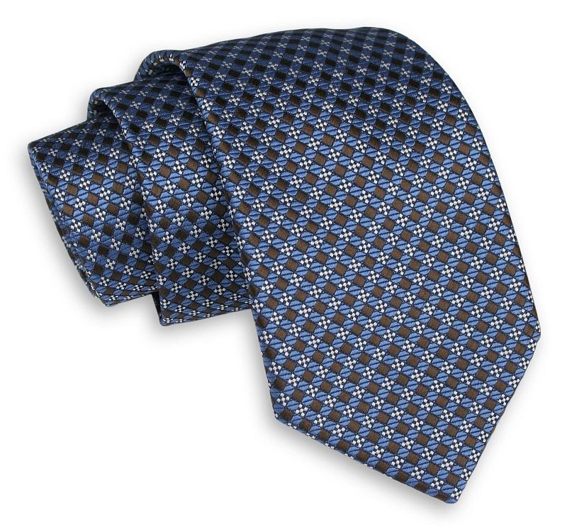 Niebiesko-Brązowy Klasyczny Szeroki Krawat Męski -Angelo di Monti- 7 cm, w Drobną Kratkę