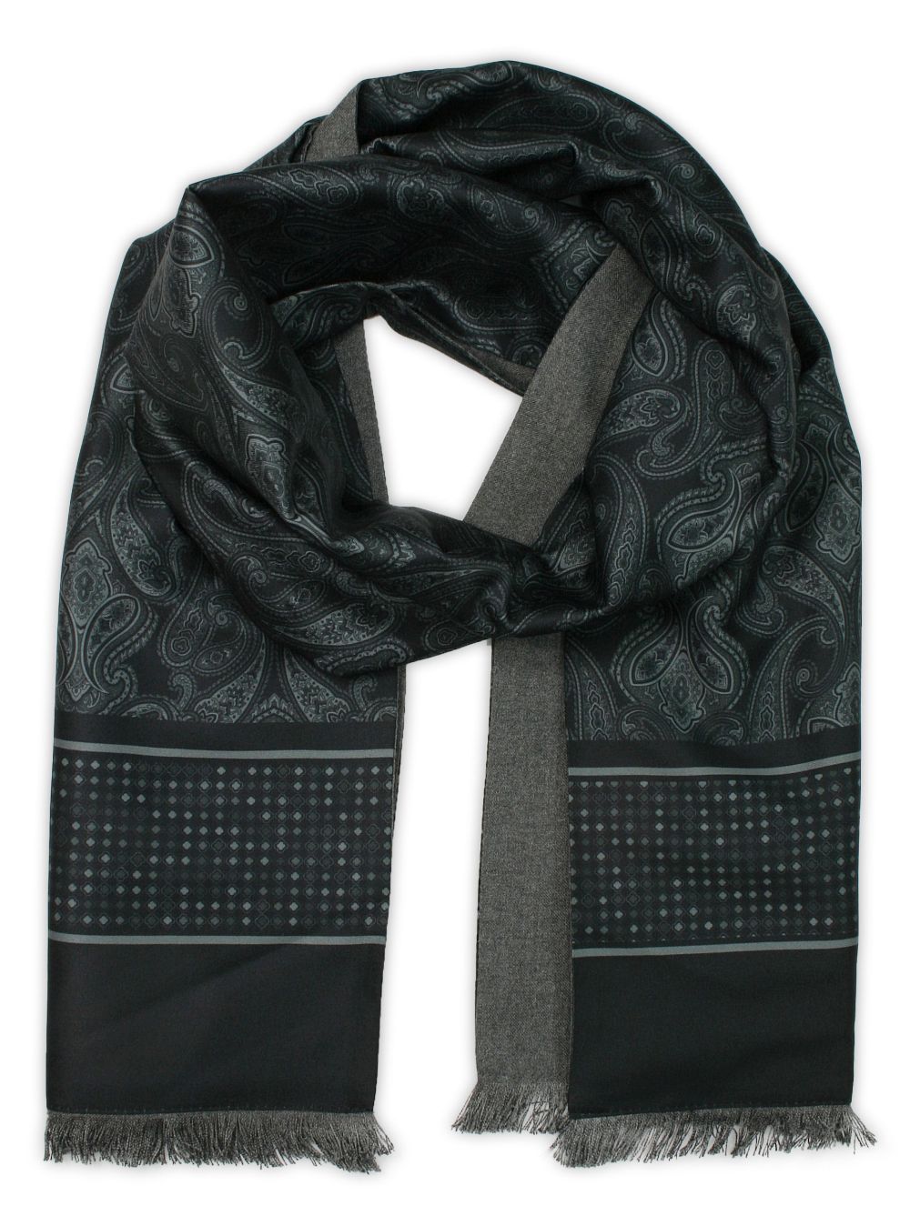 Szalik Delikatny Wełniano-Jedwabny, Czarno-Grafitowy w Paisley, Elegancki -HIS STORY