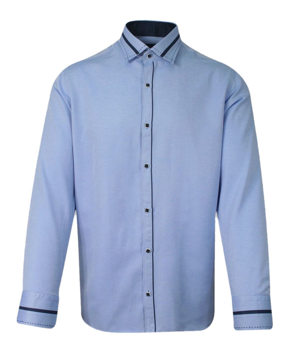 Koszula Męska, Niebieska z Lamówką, Krój Prosty, Długi Rękaw -RIGON