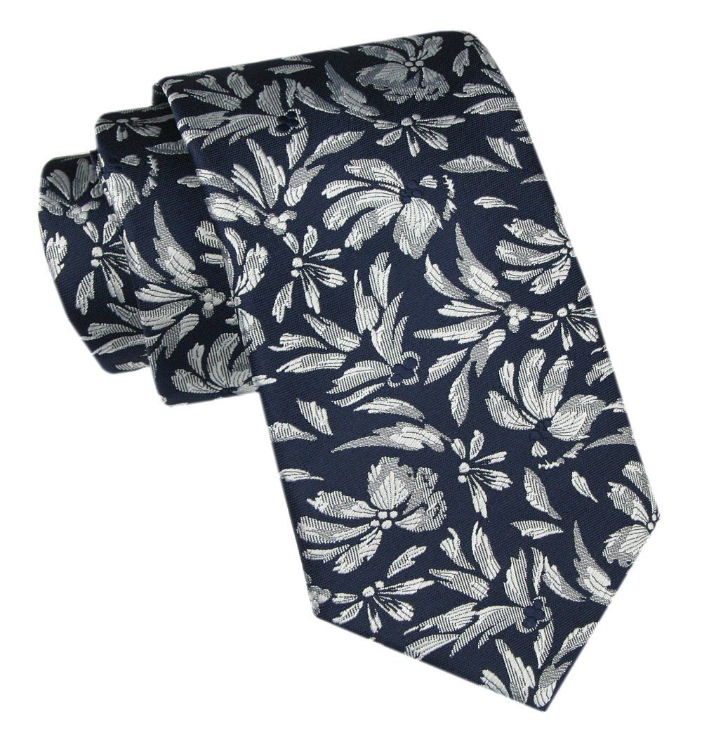Modny Męski Krawat - Alties - Granat, Popielaty Wzór Kwiatowy