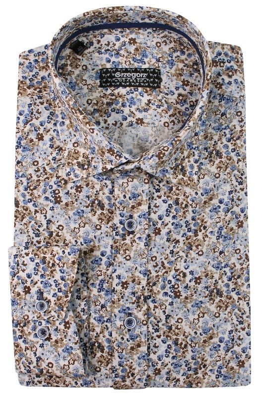 Beżowo-Niebieska Bawełniana Koszula z Długim Rękawem -GRZEGORZ MODA MĘSKA- Taliowana, w Kwiaty