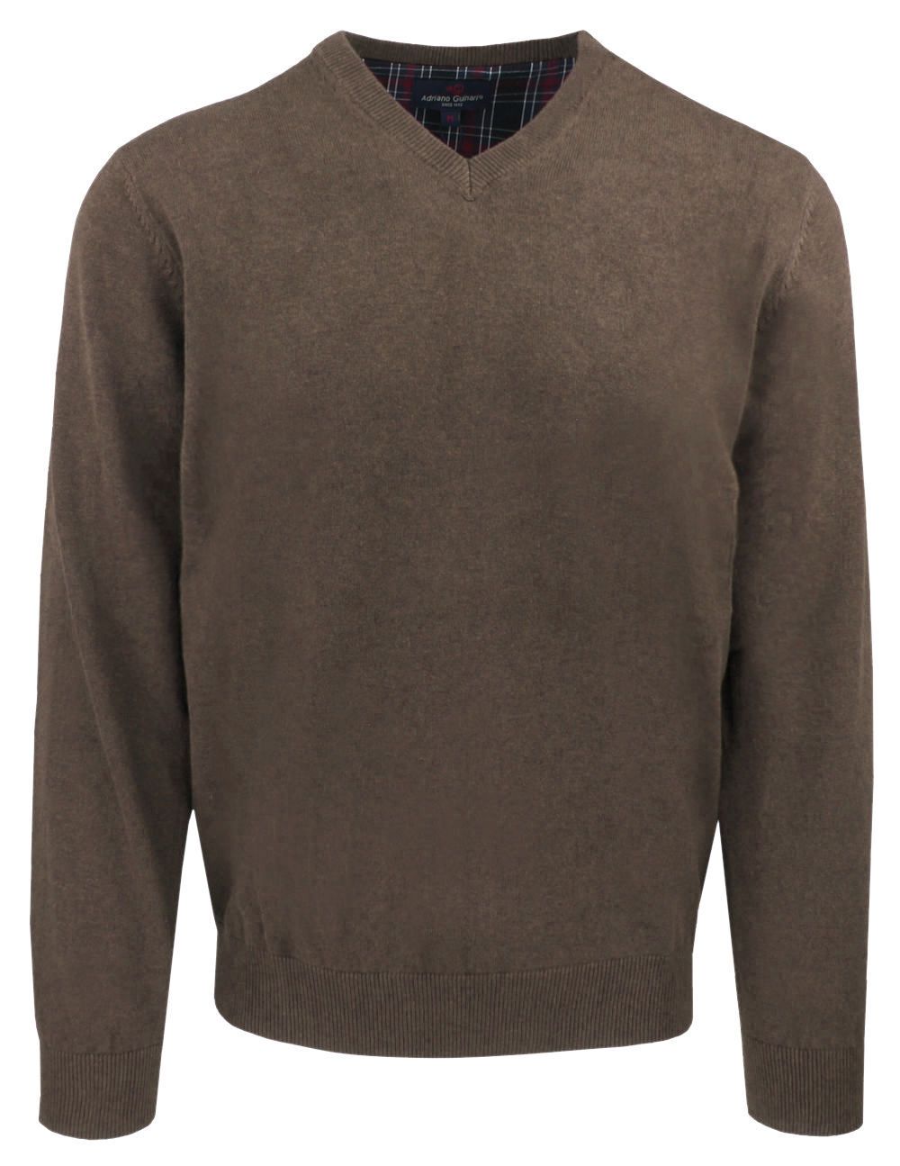 Męski, Bawełniany Sweter w Serek (V-neck) - Adriano Guinari - Brązowy