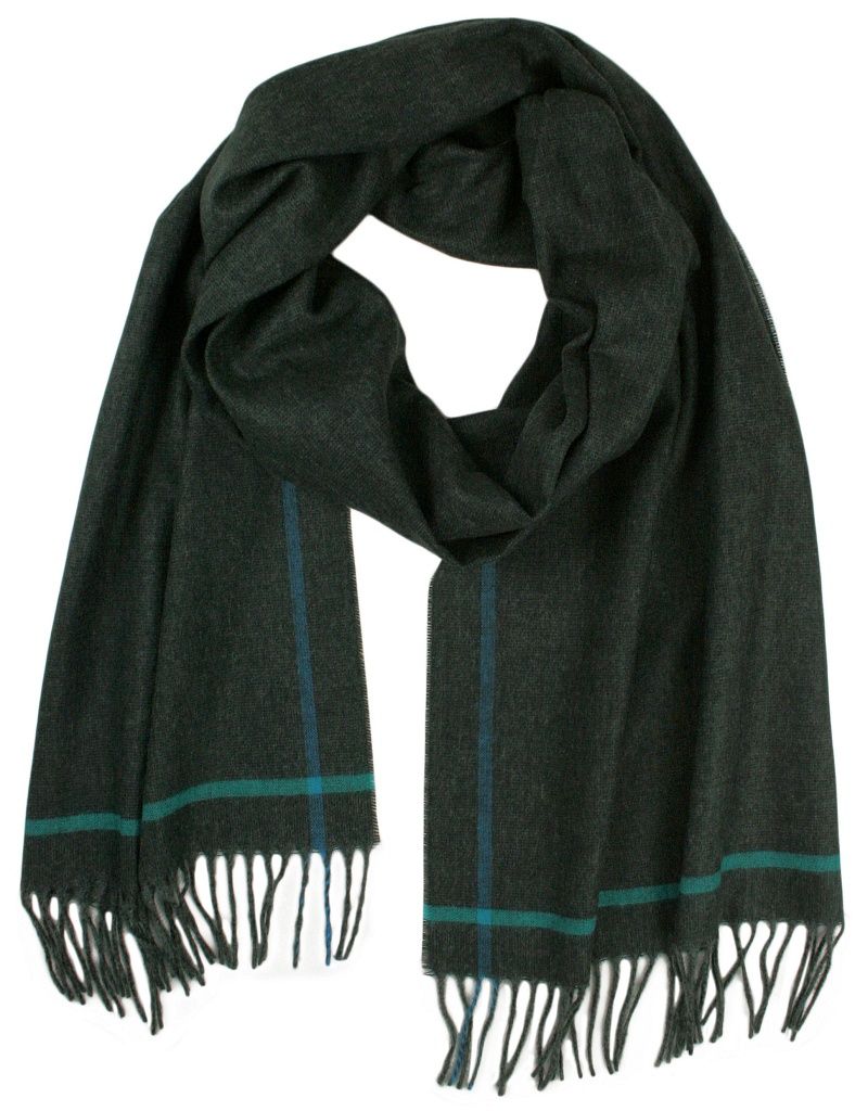 Popielaty Elegancki Szalik Firmy V.Fraas - Cashmink - z Turkusowym Paskiem, z Frędzlami