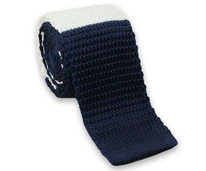 Dziergany Krawat Męski KNIT w Grube Pasy - Chattier, Granatowo-Biały