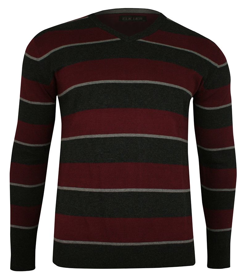 Sweter Popielato-Buraczkowy, Męski w Serek Dekolt V-Neck, Bawełniany, w Paski, Prążki