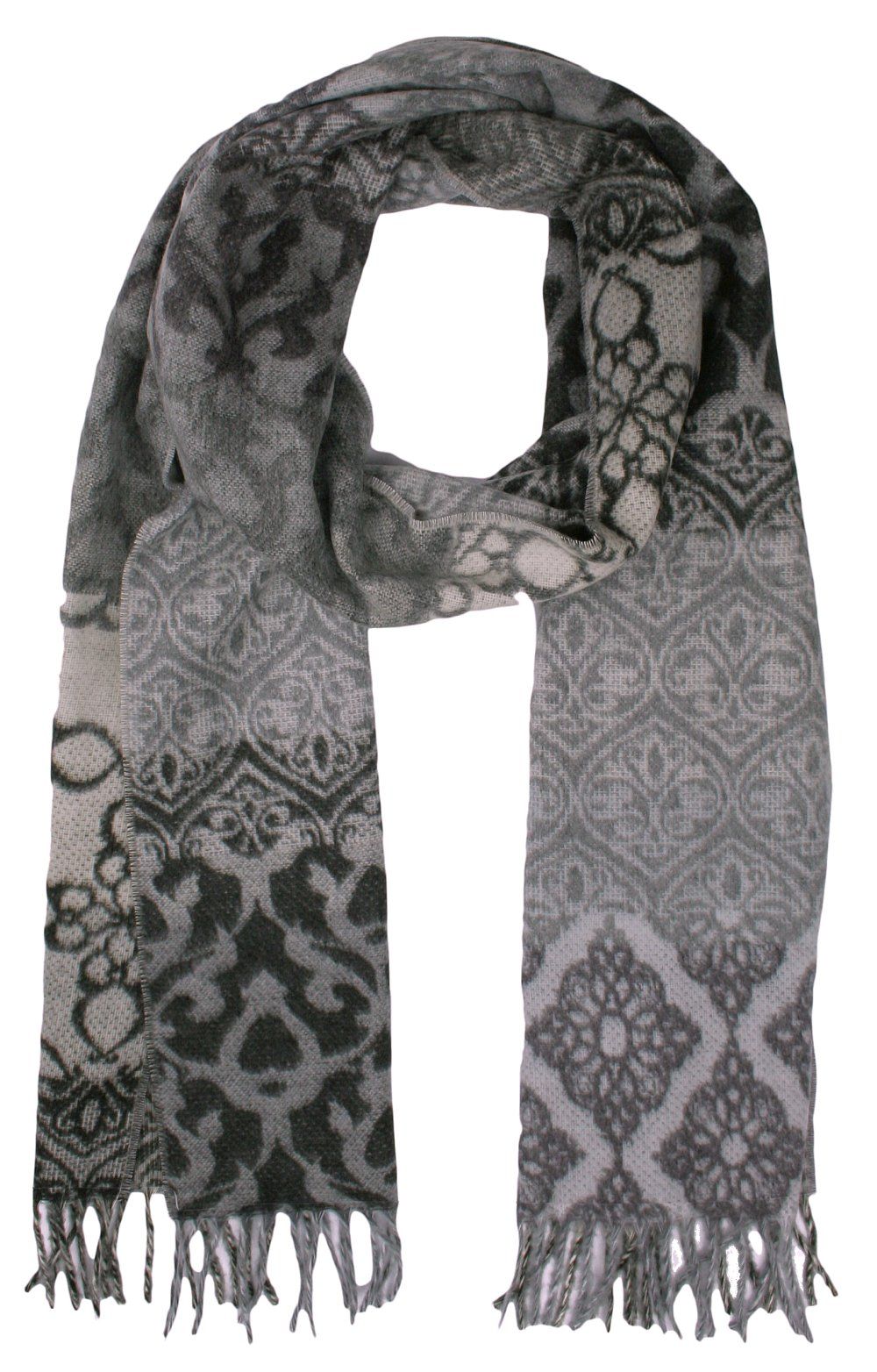 Szalik Szary, Wzór Orientalny, Miękki, Delikatny, z Frędzlami, Cashmink -V.Fraas