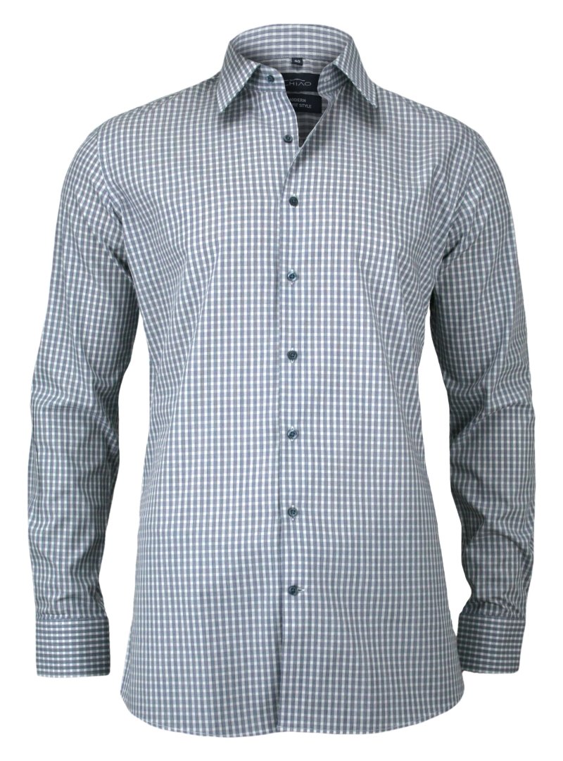 Casualowa Koszula Męska - 100% Bawełna, KRATKA VICHY, Slim-Fit, Szara