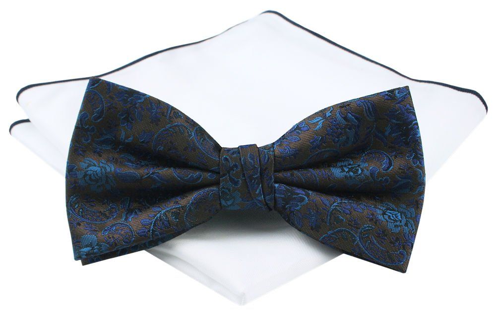 Męska Mucha (Poszetka w Zestawie) - Chattier - Granatowe Kwiaty, Brązowe Tło