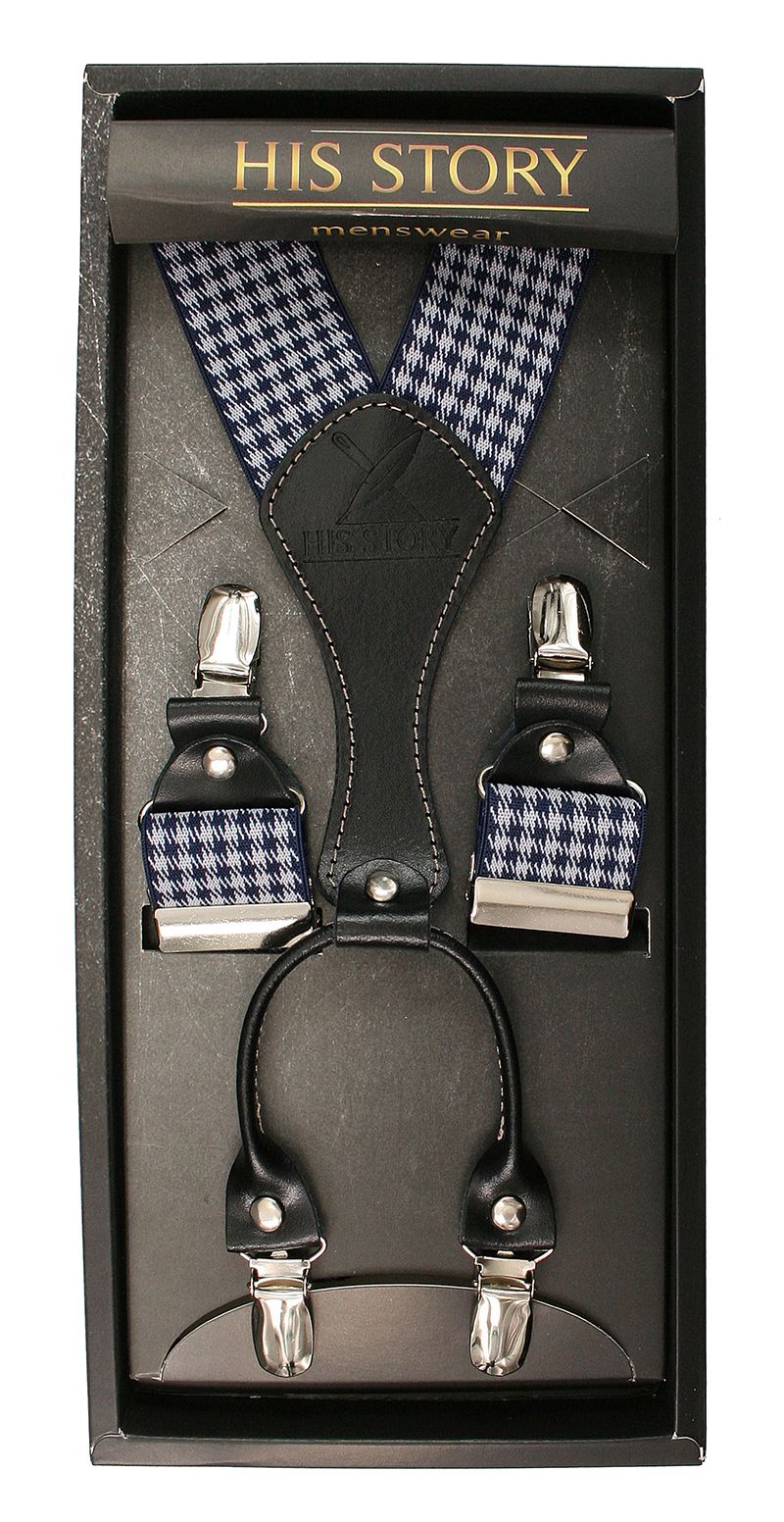 Granatowo-Niebieskie Szerokie Szelki Męskie, Skóra Naturalna -HIS STORY- Stylowe, w Grubą Pepitkę