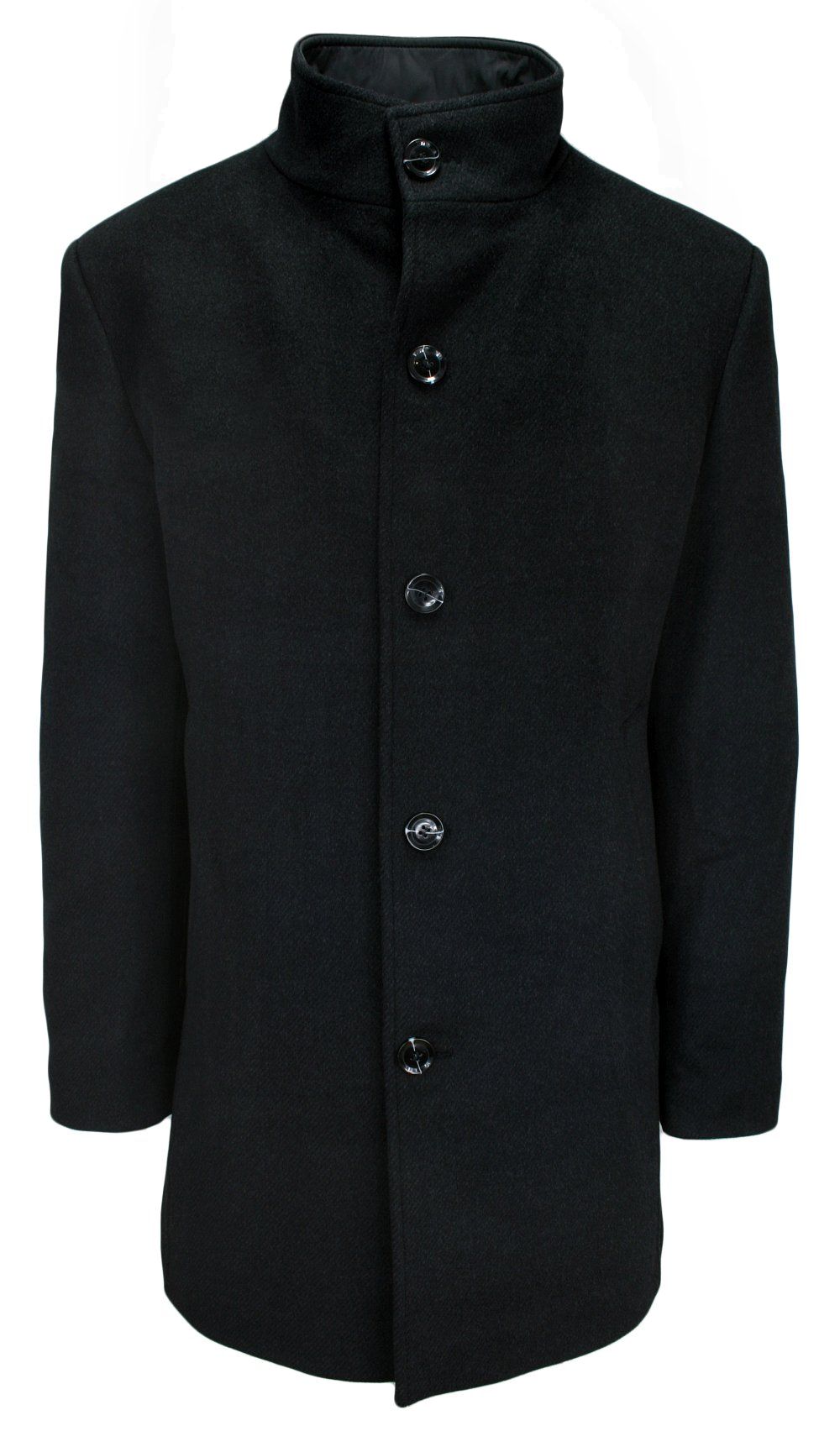 Elegancki, Czarny Płaszcz Wełniany, Jesienno-Zimowy, Zapinany na Guziki