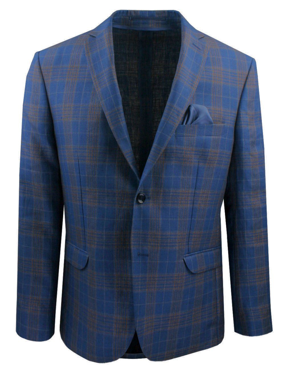 Męska, Lekka Marynarka Lniana - MEN'SFIELD - Granat i Brąz, Krata