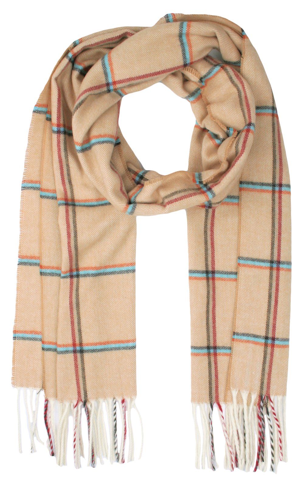 Szalik, Beżowy w Kratkę Miękki z Frędzlami, Delikatny, Cashmink -V.Fraas