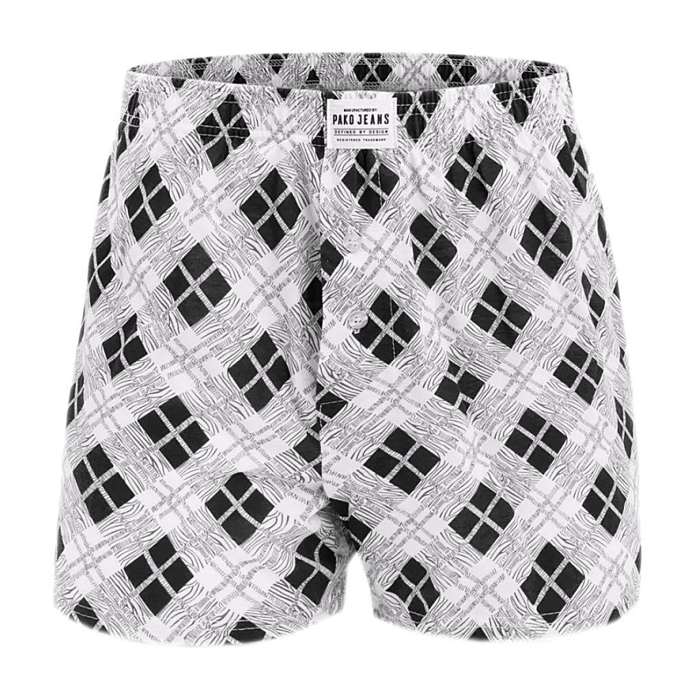 Bokserki Luźne, Majtki z Rozporkiem na Guziki, Męskie - Pako Jeans - Czarno-Biały Wzór