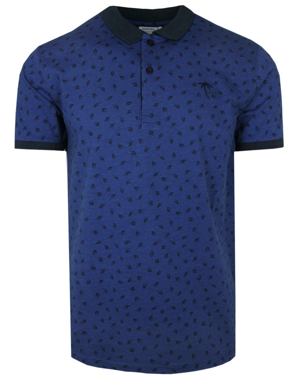 Koszulka POLO, Granatowa w Listki, Krótki Rękaw, Męska, z Nadrukiem