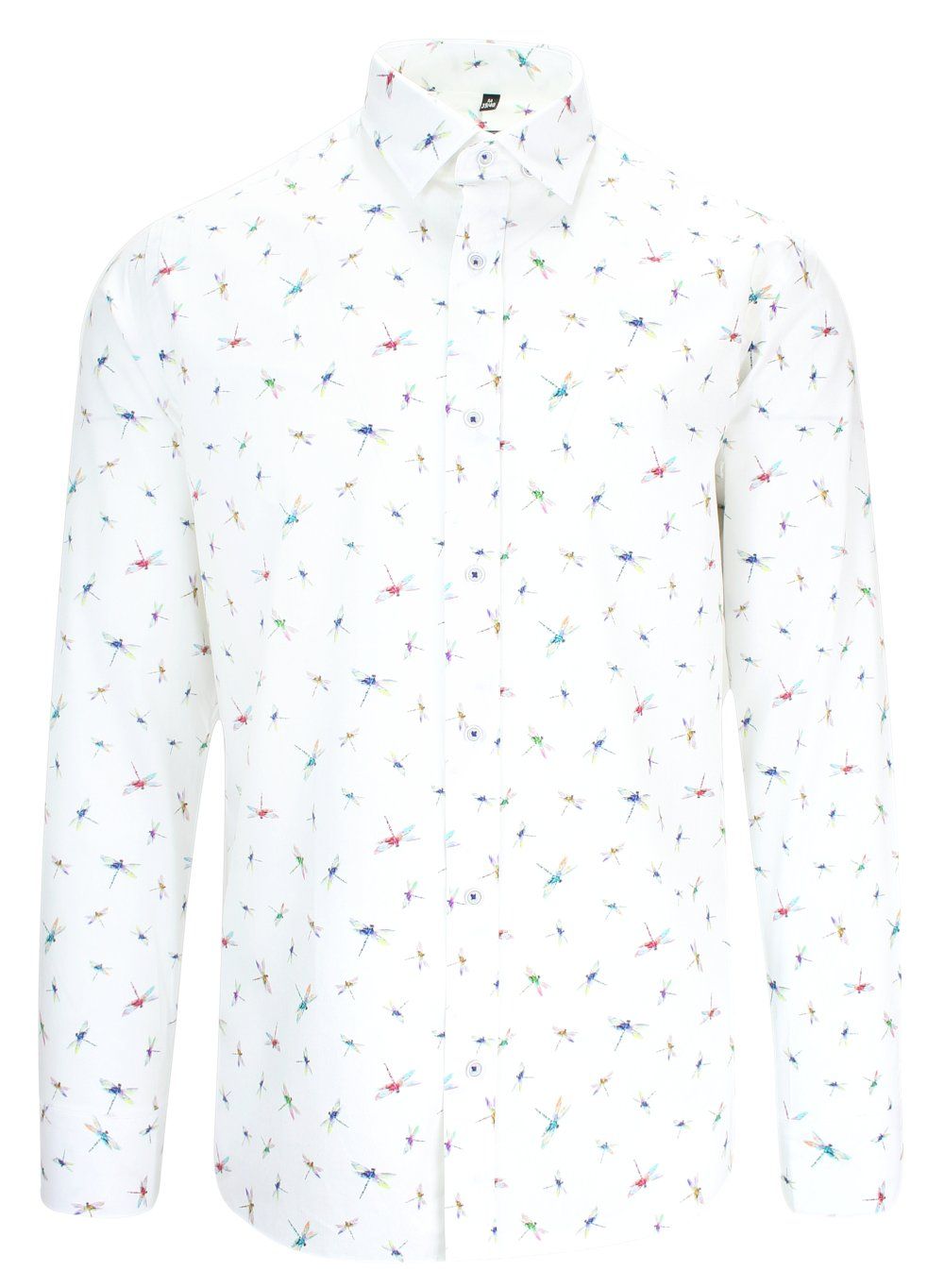 Koszula Wizytowa z Długim Rękawem, Biała w Kolorowe Ważki, Motyw Zwierzęcy -Victorio