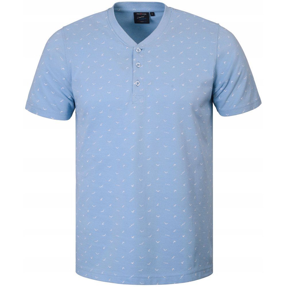 Męski T-Shirt, Dekolt z Guzikami - Pako Jeans - Błękitna, Drobny Wzór