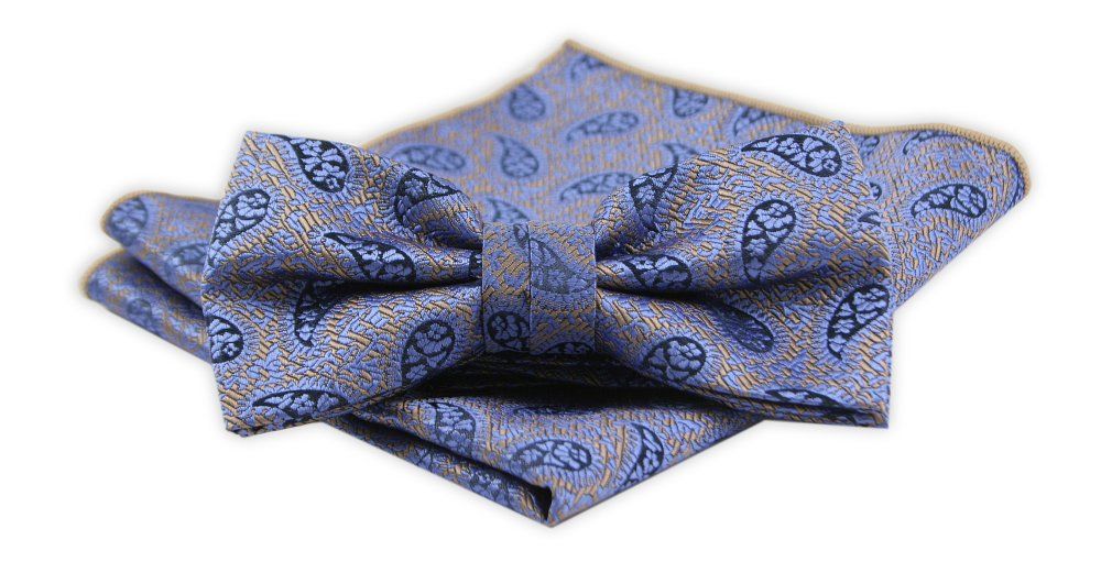 Męska Mucha z Poszetką w Zestawie - Alties - Niebieska, Żółty Akcent, Paisley