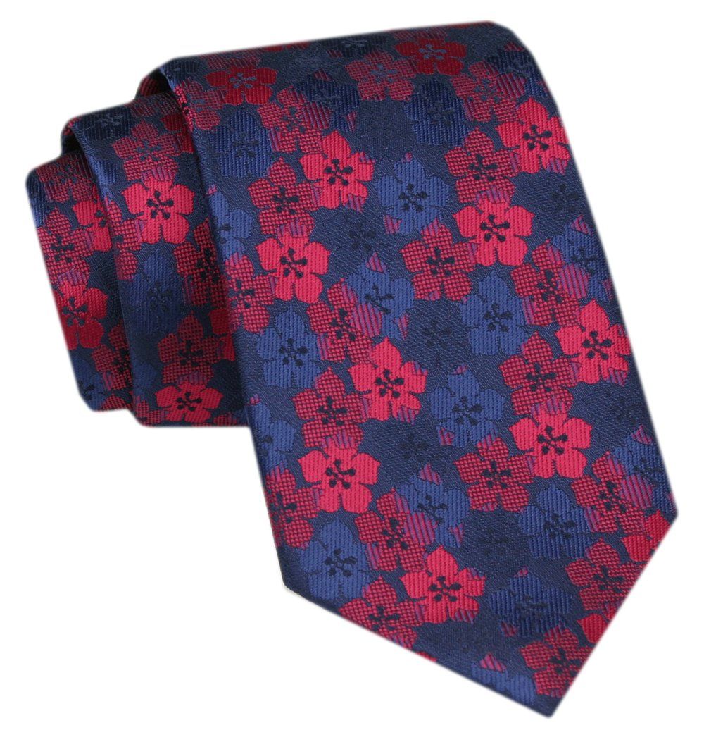 Modny Krawat Męski - Alties - Odcienie Czerwieni i Granatu, Wzór w Kwiaty
