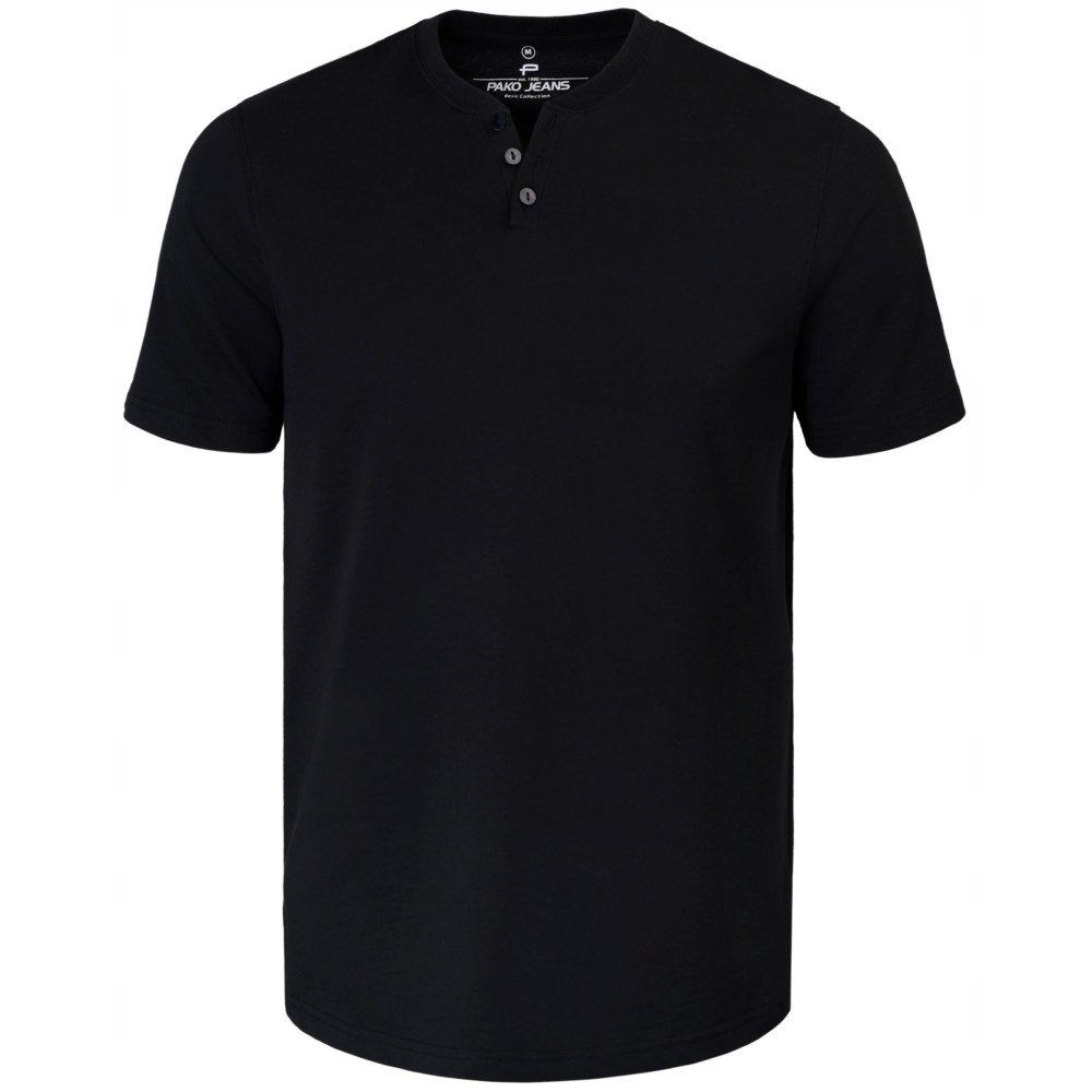 Męski T-Shirt, Dekolt z Guzikami - Pako Jeans - Czarna