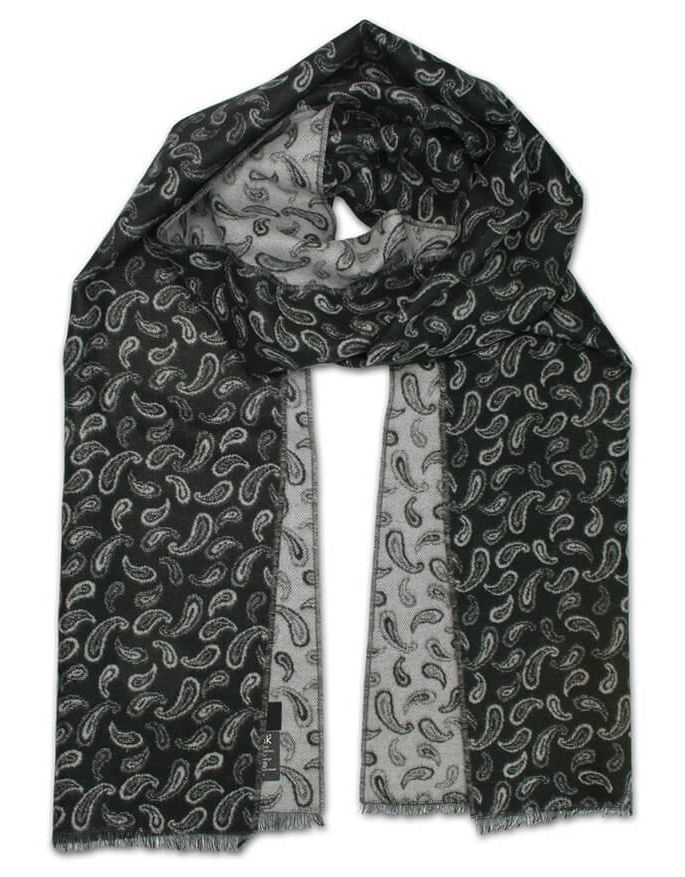 Szalik Czarno-Szary, Miękki, Wzór Paisley, Łezki, Nerki, Firmy V.Fraas -Cashmink- Elegancki, Męski