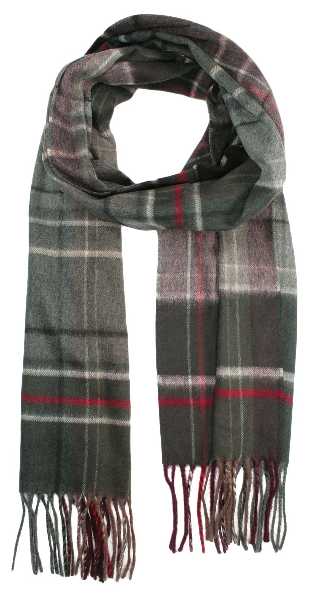 Szalik z Frędzlami, Szaro-Oliwkowy Miękki, w Kratkę, Firmy V.Fraas -Cashmink- Męski