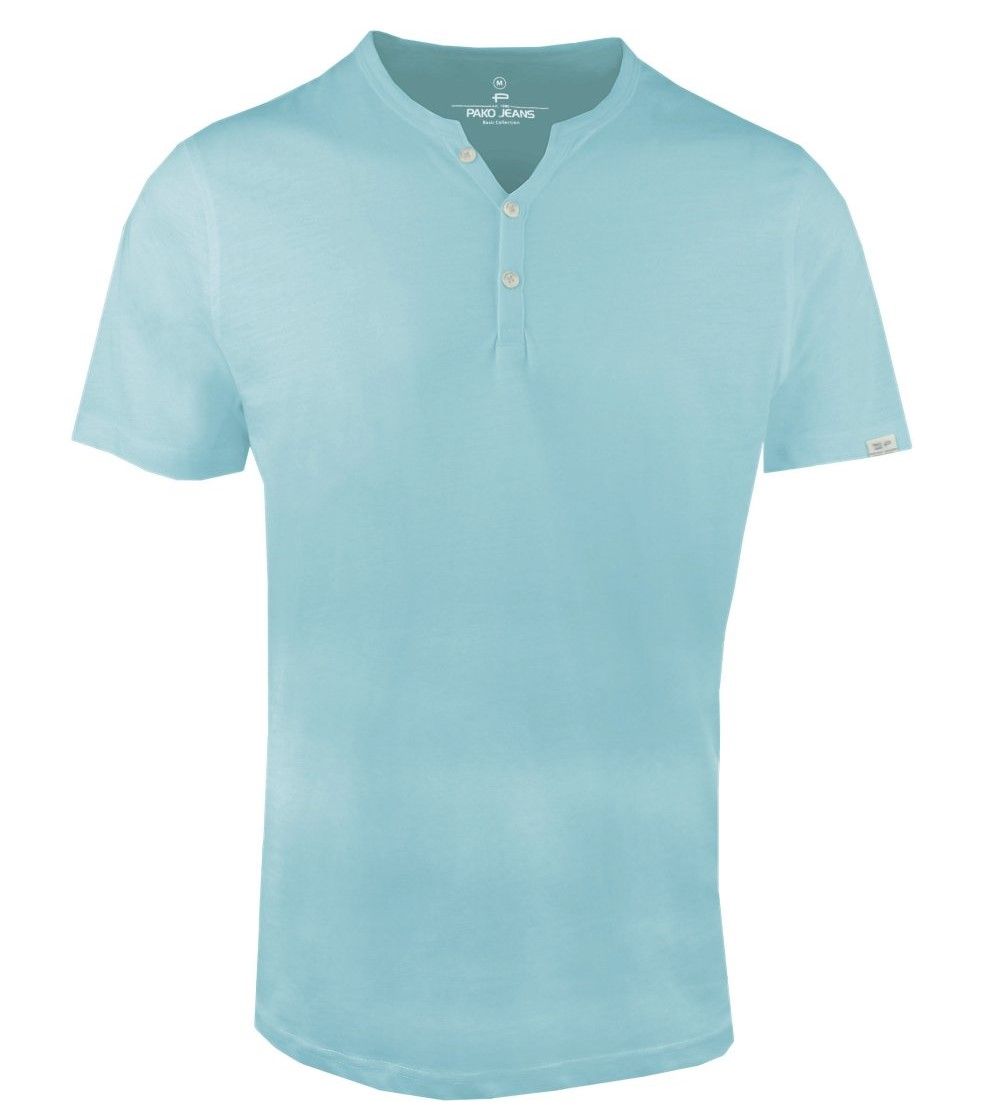 T-Shirt z Dekoltem na Guziki -Pako Jeans- Lekko Melanżowa, Błękitna Tkanina
