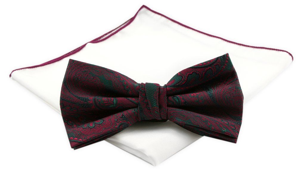 Mucha Męska z Białą Poszetką - Chattier - Czerwone Paisley z Zielonymi Akcentami