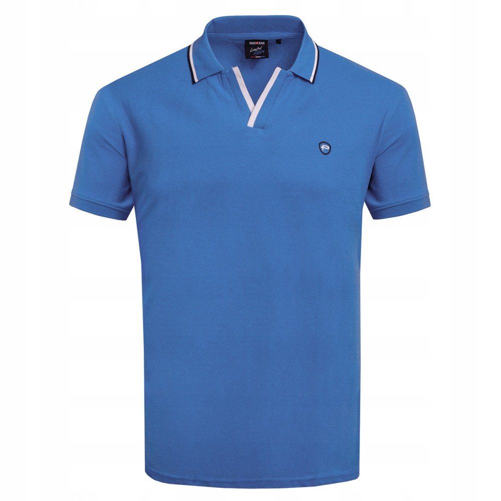 Koszulka Polo - Męska - Pako Jeans - Niebieska, Dekolt Bez Guzików