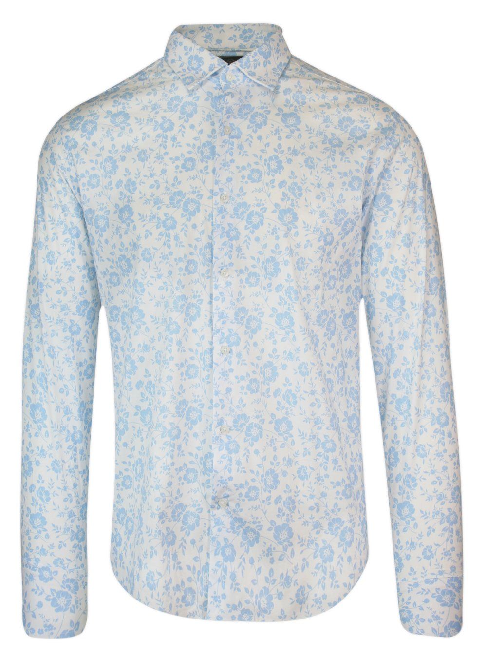 Koszula Biało-Niebieska w Kwiatki, Męska Długi Rękaw, Slim Fit, Taliowana -TO-ON