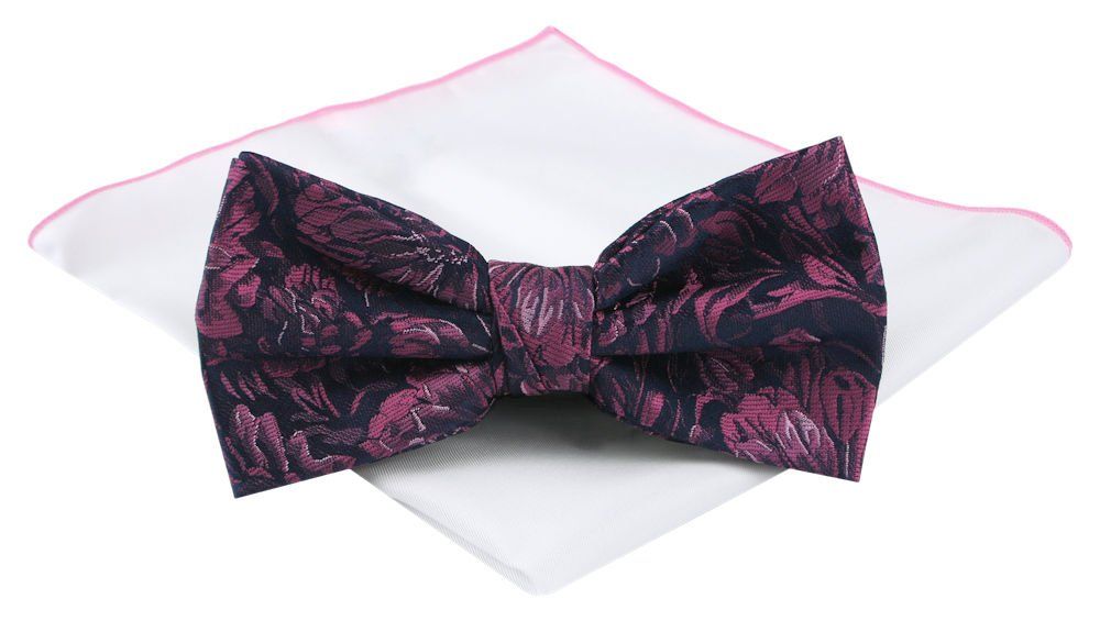 Mucha Męska z Poszetką (Zestaw) - Chattier - Granat i Ciemny Róż, Kwiaty