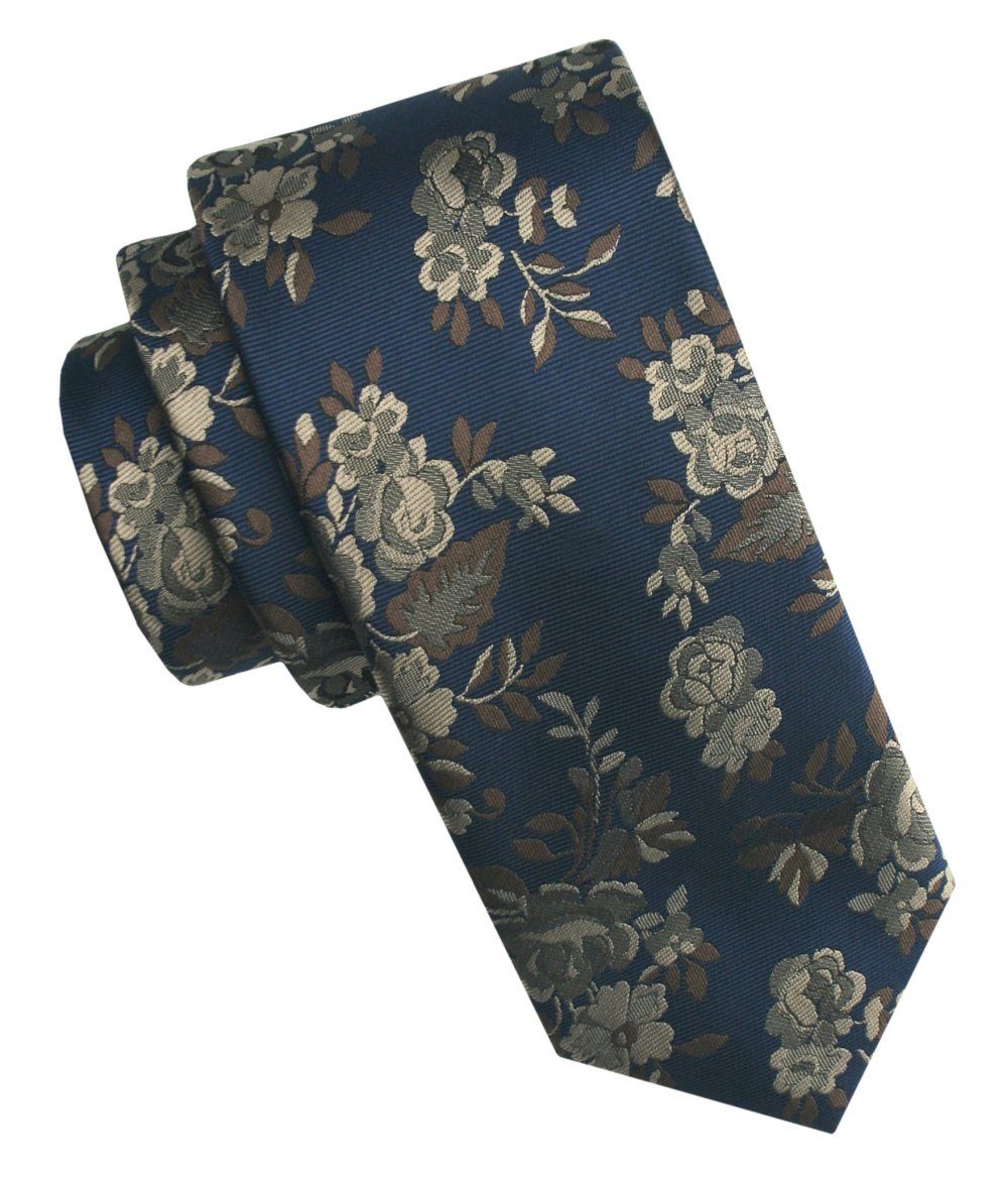 Elegancki i Modny Męski Krawat - Angelo di Monti - Beżowe Kwiaty, Granatowe Tło