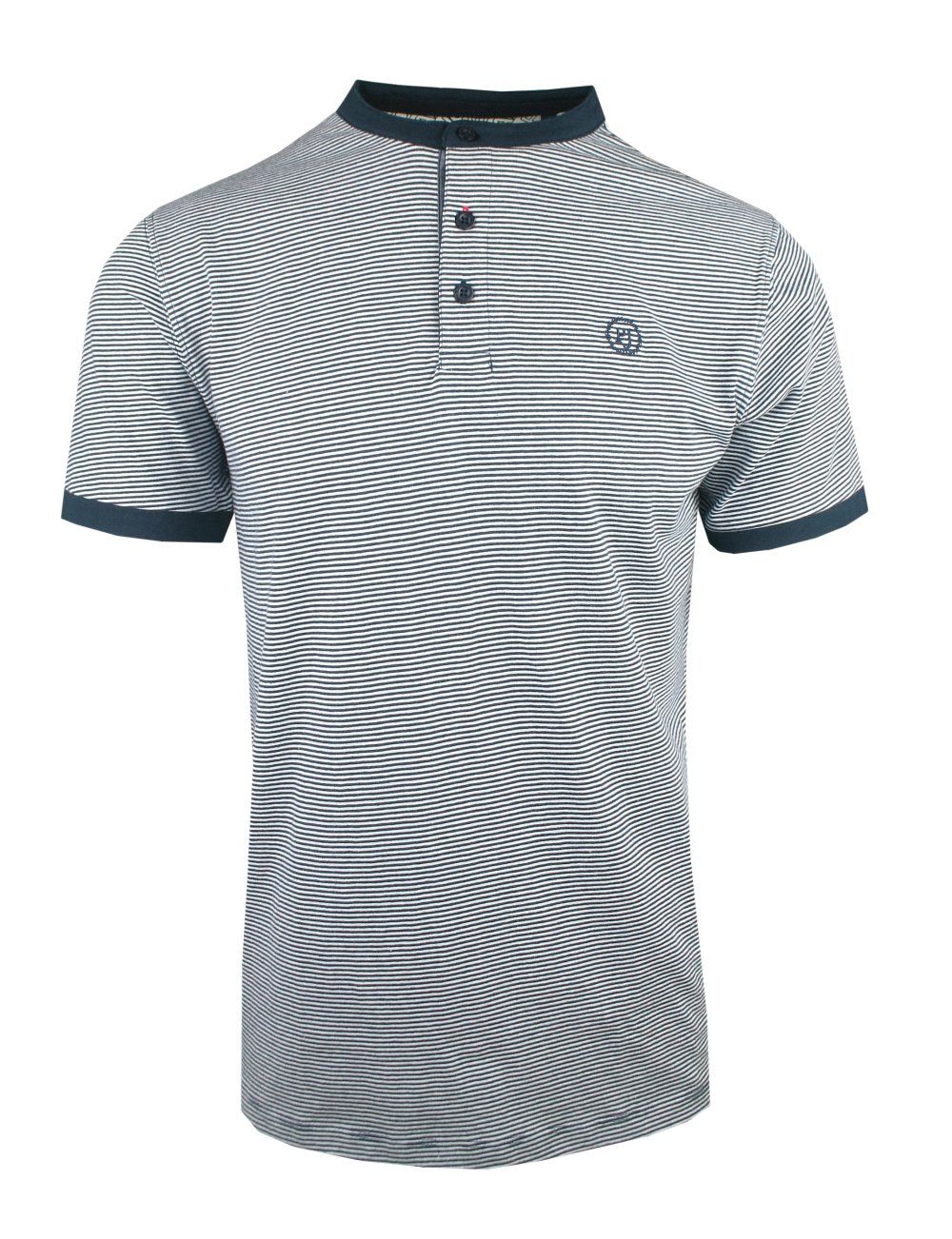 Męski T-Shirt (Koszulka) z Dekoltem na Guziki - Pako Jeans - Granat w Prążek