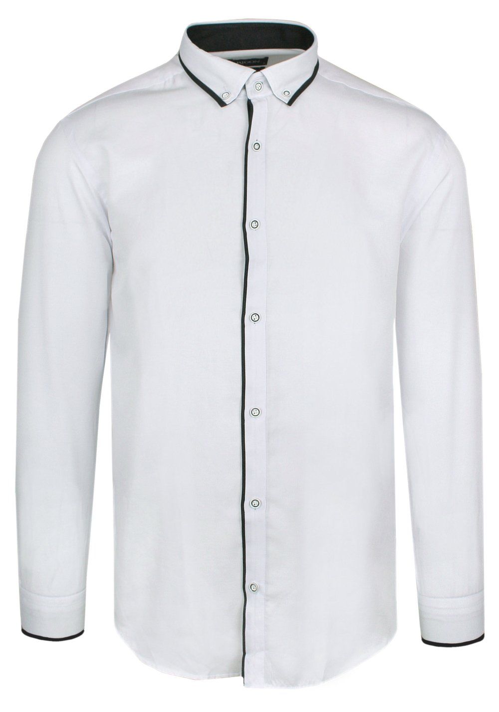 Koszula Męska, Klasyczny Krój, Biała z Czarnymi Lamówkami, Elegancka, Długi Rękaw, Wizytowa -RIGON