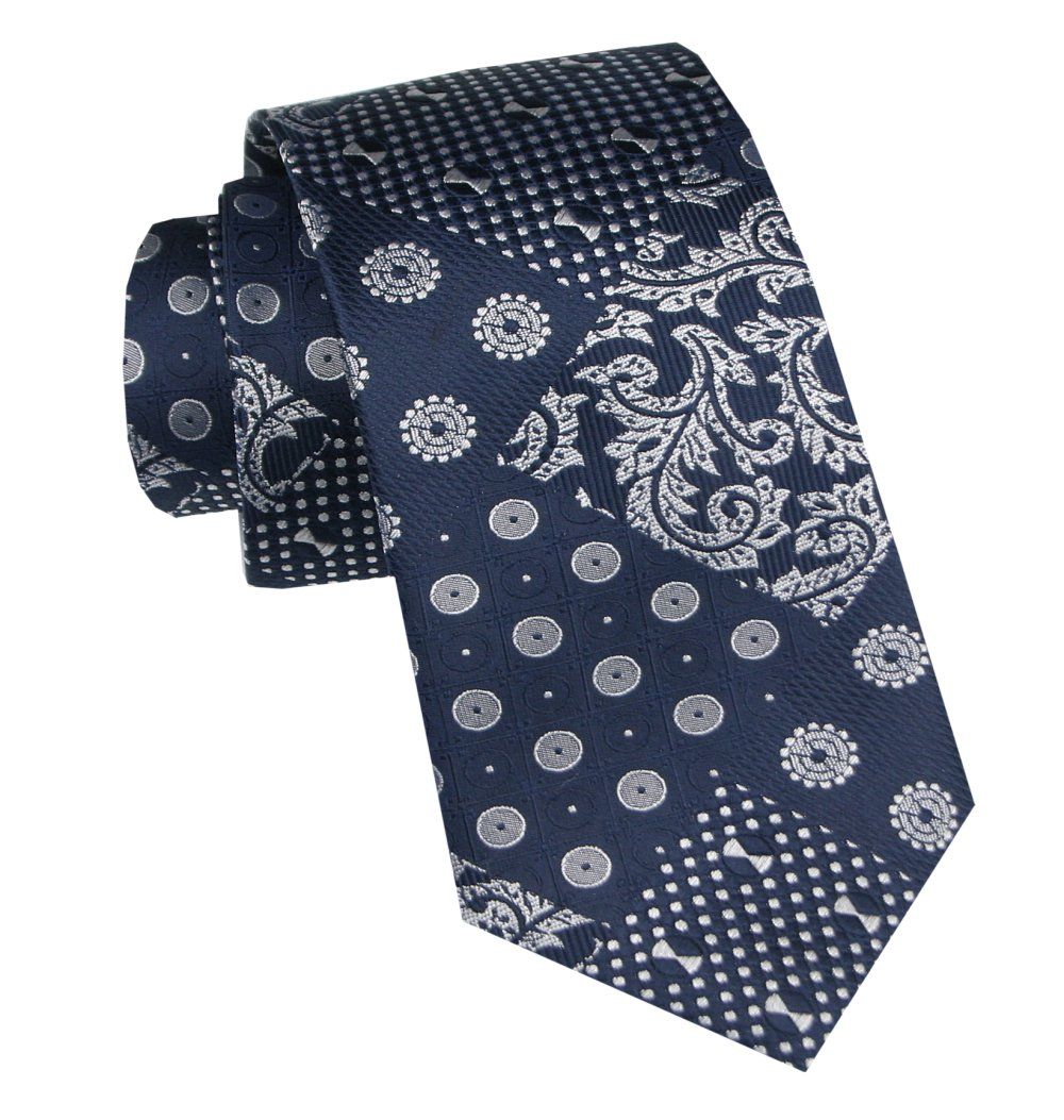 Elegancki i Modny Krawat Jedwabny - Alties - Granat z Mixem Wzorów