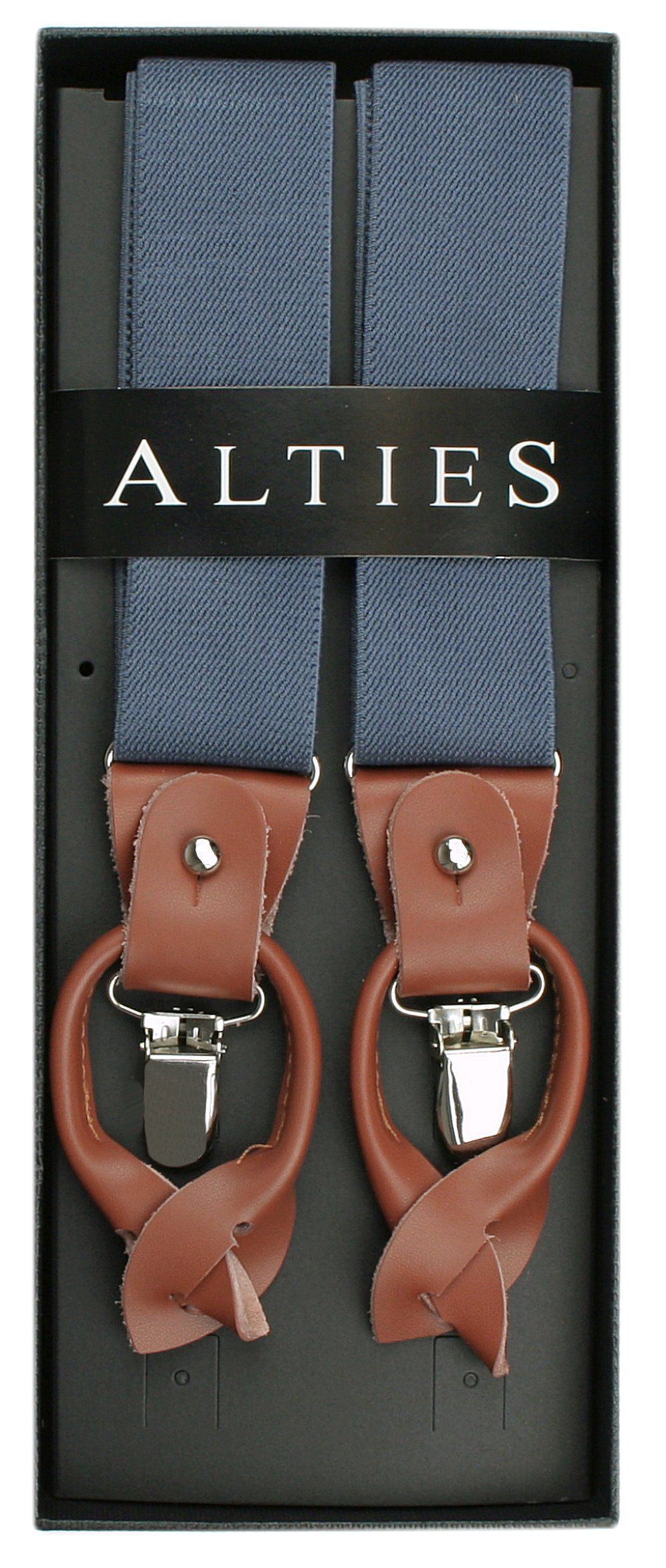 Szelki Męskie, Zapięcie na Guziki lub Żabki - ALTIES - Niebieskie, Karmelowe Skórki