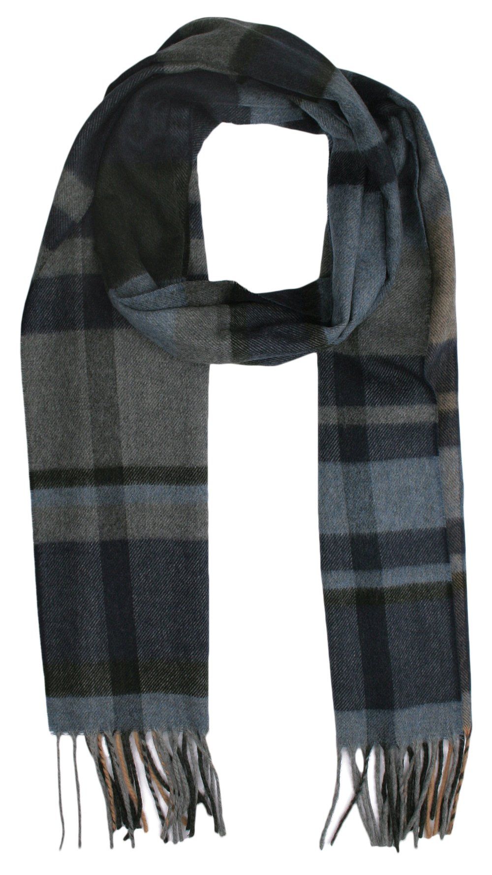 Szalik, Granatowo-Szary Miękki w Kratkę, Delikatny, z Frędzlami, Cashmink -V.Fraas