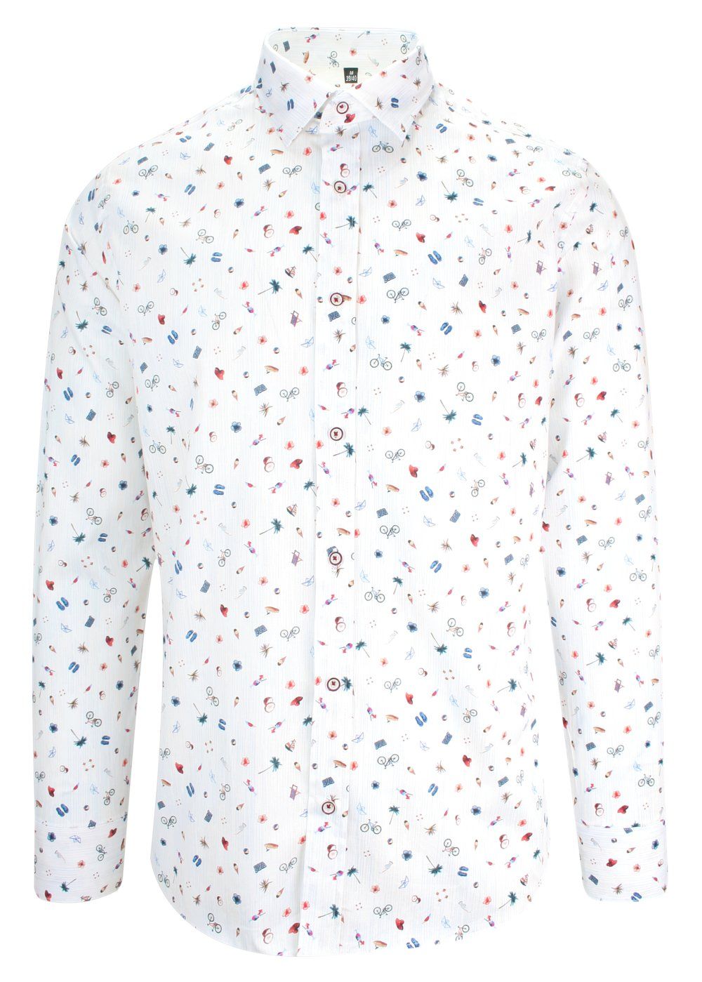 Koszula Wizytowa z Długim Rękawem, Biała w Drobny Kolorowy Wzór, Rowery, Klapki -Victorio