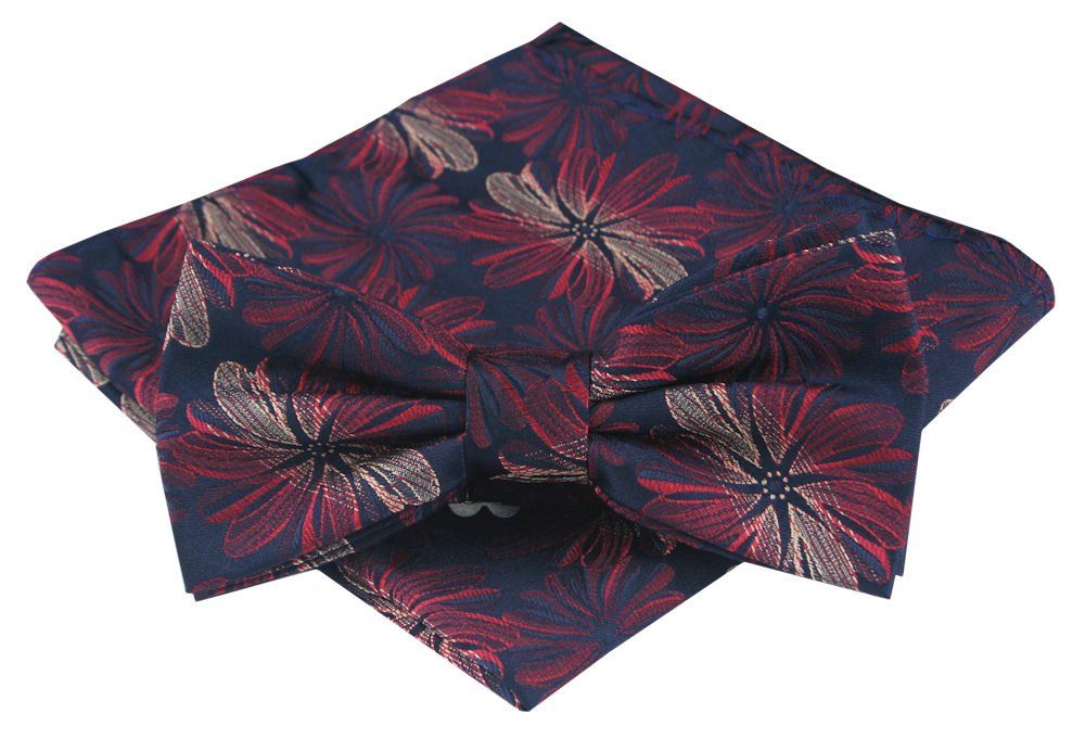 Mucha Męska z Poszetką - Alties - Duże Kwiaty, Czerwień, Granatowe Tło