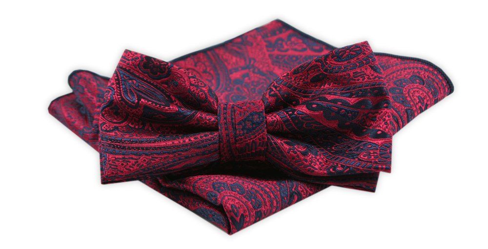 Męska Mucha z Poszetką w Zestawie - Alties - Czerwona z Orientalnym Wzorem