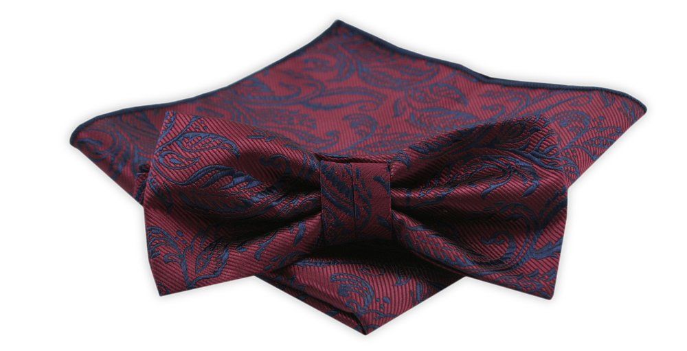 Zestaw: Mucha z Poszetką - Alties - Ciemna Czerwień, Granatowy Wzór