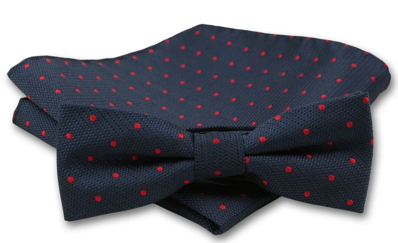 Elegancka Mucha Męska - Alties - Granat w Drobny, Czerwony Groszek